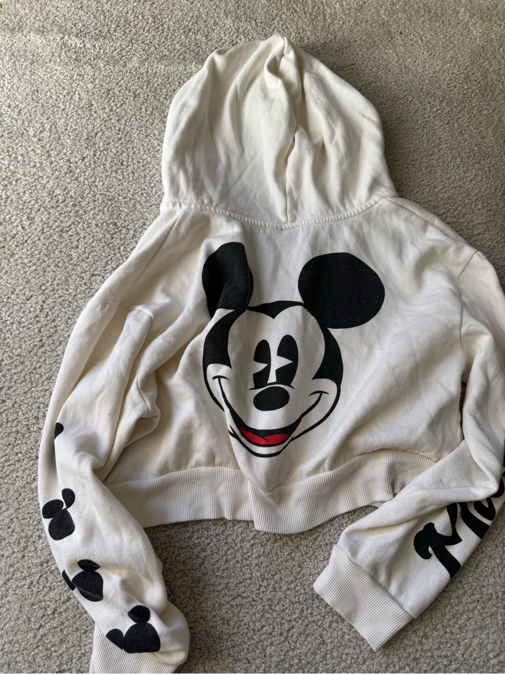 Disney Cream Cropped Zip-Up Hoodie with Black Sleeve Graphics y2k - Picture 3 of 3